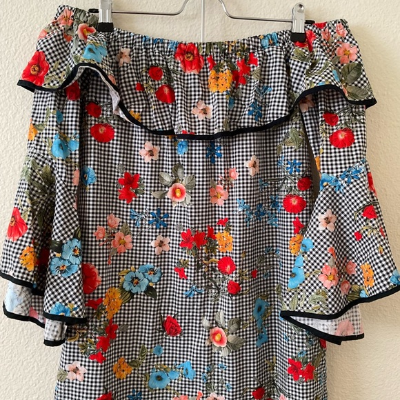 Zara Checkered Floral Off Shoulder Mini Dress - Picture 3 of 6